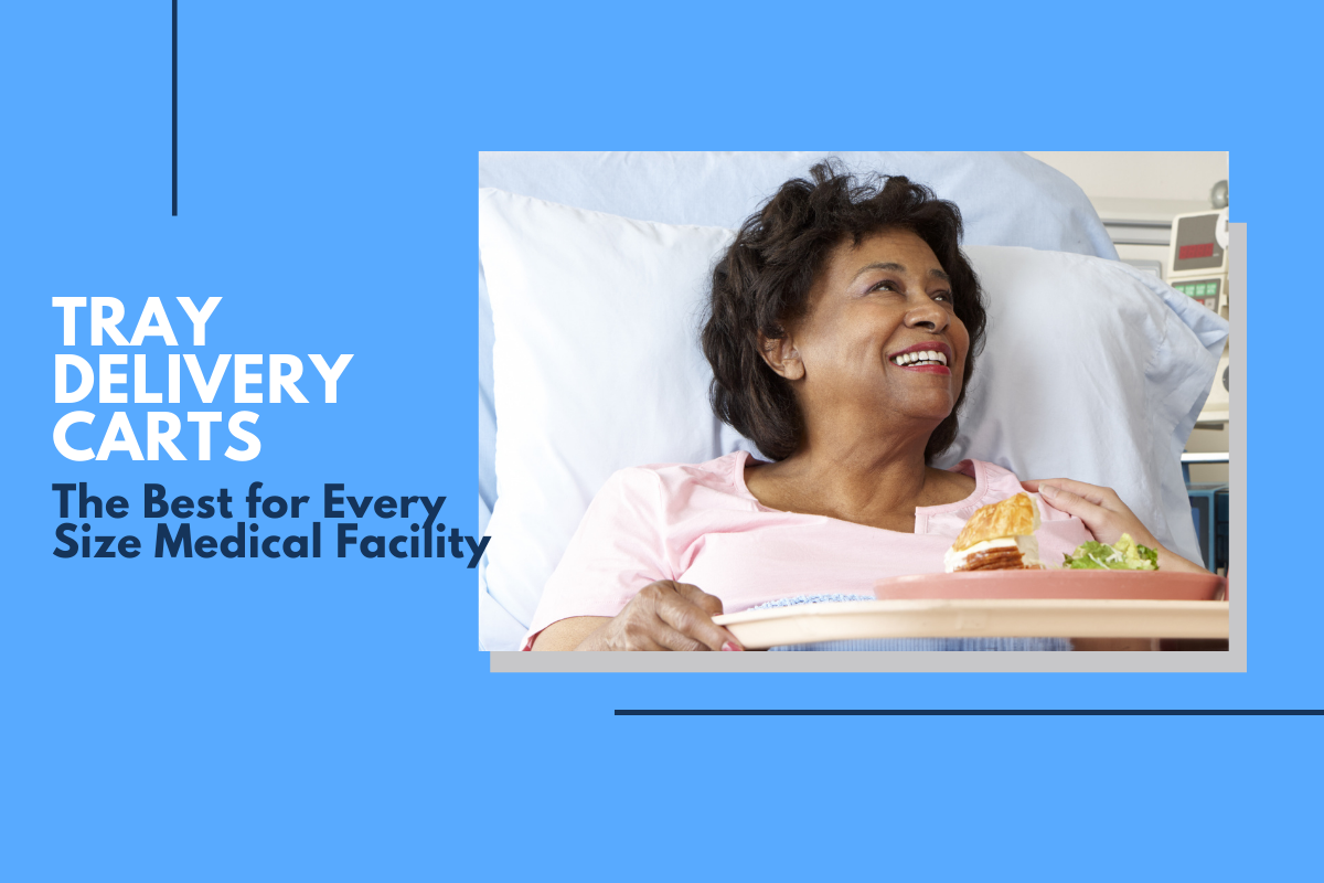 Woman in hospital bed smiling at nurse and holding meal tray